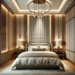 DALL·E 2025-02-08 14.23.32 - A luxurious bed back wall design featuring a stylish upholstered headboard, elegant wooden paneling, and soft ambient lighting. The design includes te
