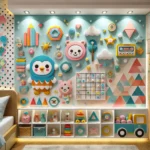 DALL·E 2025-02-08 14.24.27 - A playful and colorful kids' accent wall featuring a fun mural with cartoon characters, geometric patterns, and interactive elements. The design inclu