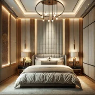 DALL·E 2025-02-08 14.23.32 - A luxurious bed back wall design featuring a stylish upholstered headboard, elegant wooden paneling, and soft ambient lighting. The design includes te
