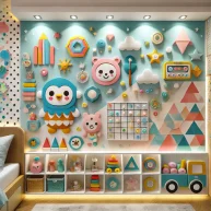DALL·E 2025-02-08 14.24.27 - A playful and colorful kids' accent wall featuring a fun mural with cartoon characters, geometric patterns, and interactive elements. The design inclu